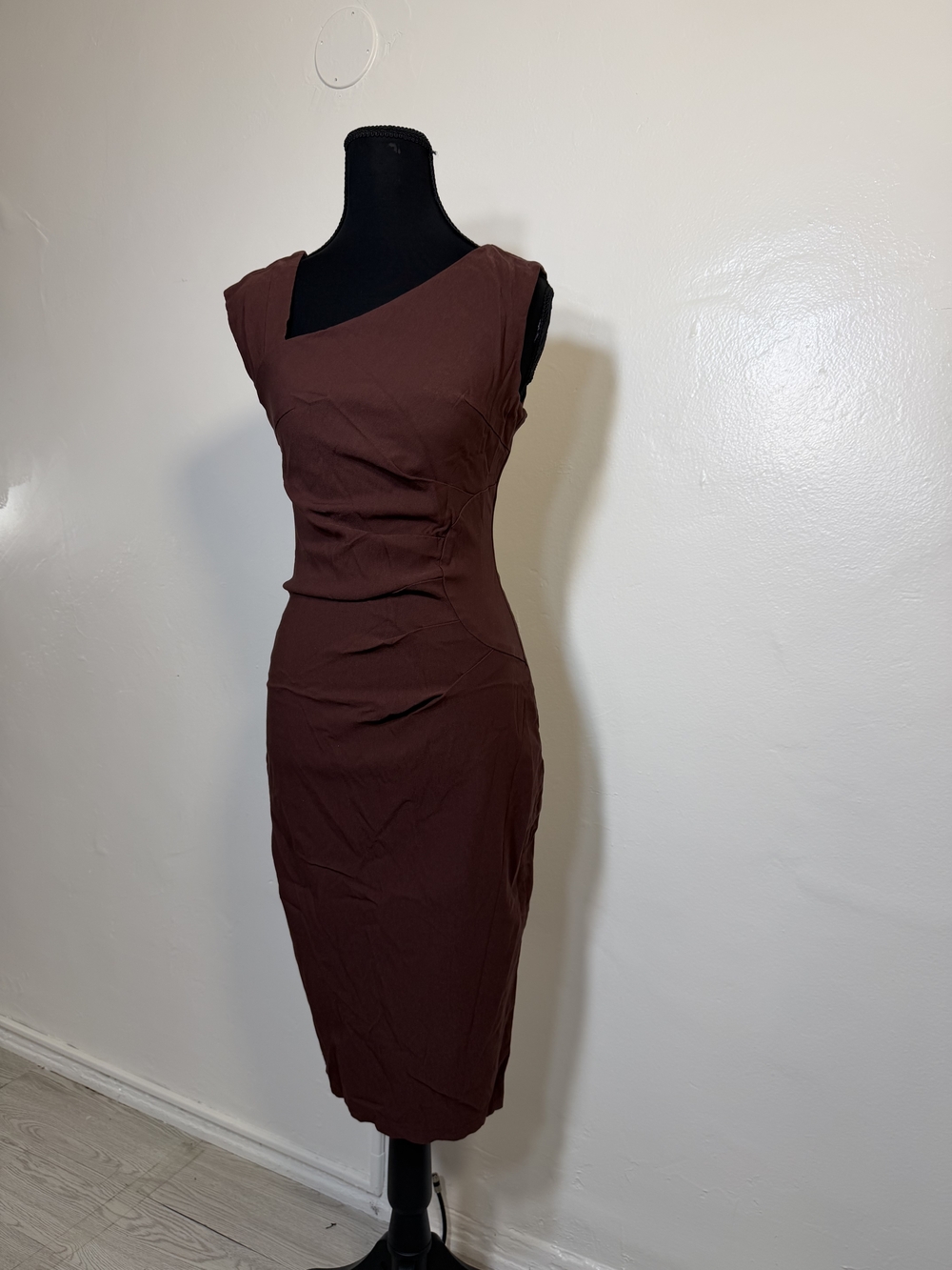 Classic Brown Cap-Sleeve Midi Sheath Dress